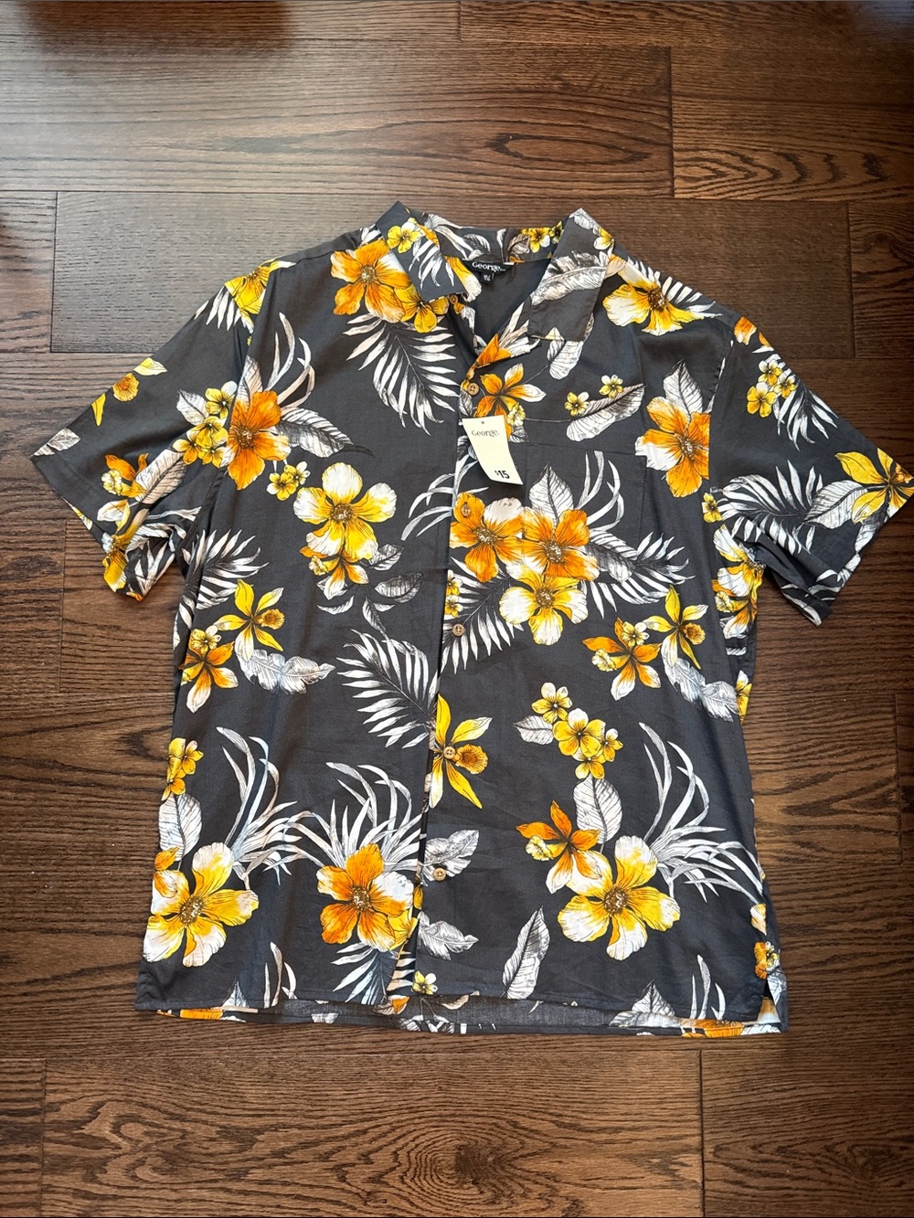 George Short Sleeve Floral Button-Down Shirt - Yellow on Charcoal